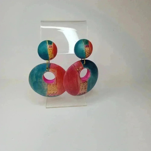 Tropical Vintage Earrings Wooden Teal Pink Yellow Dangle Hoops Statement Fun - Picture 3 of 4